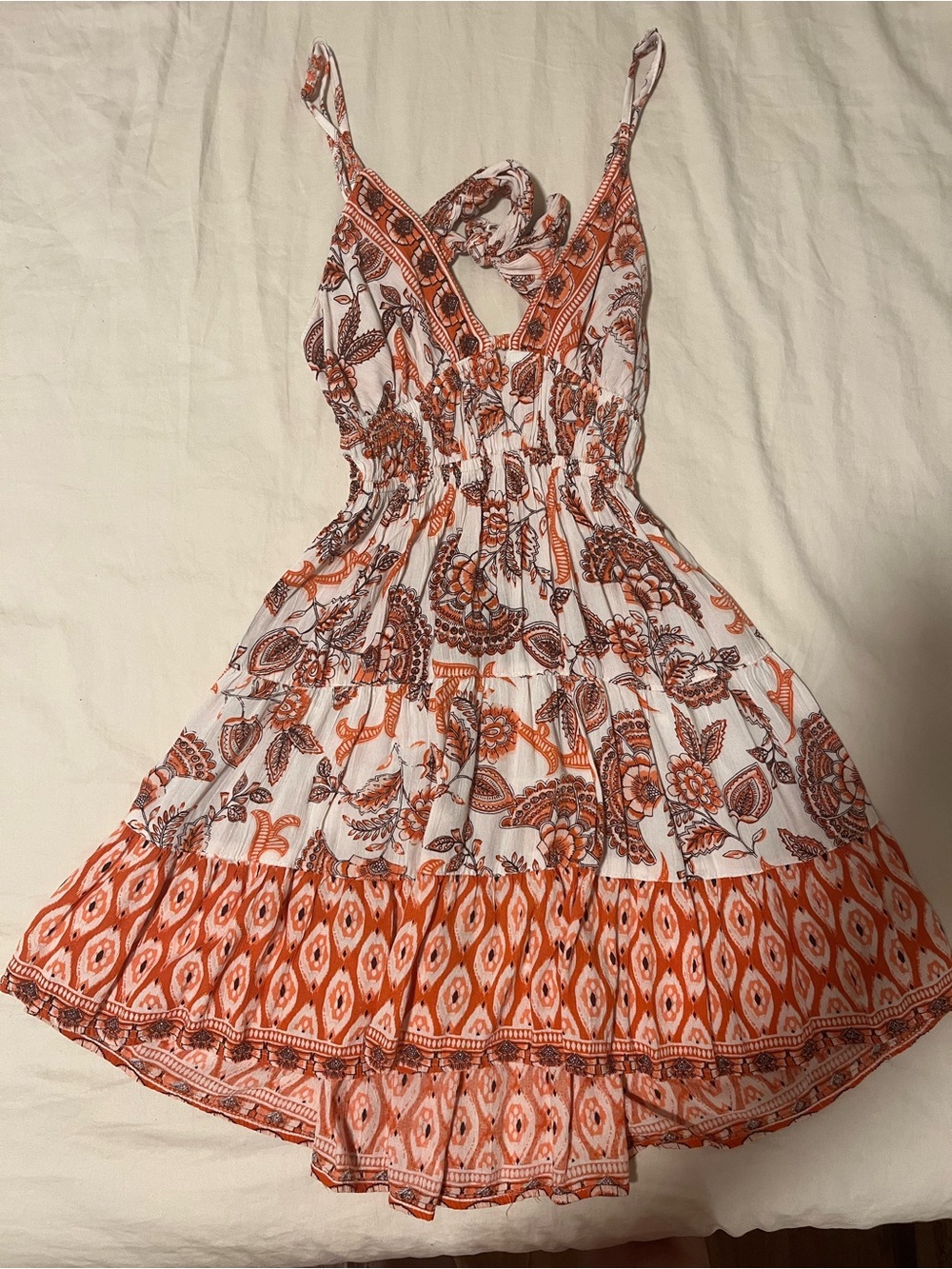 Angie White and Orange Printed Tiered Mini Dress